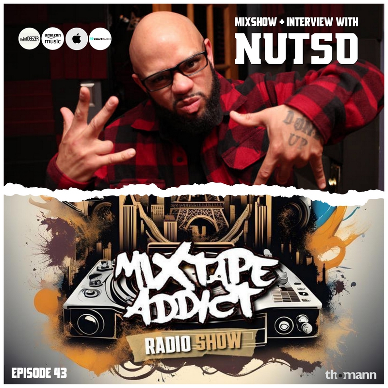 American hip-hop rapper Nutso in the upper part of the picture looking at the camera with his hands up in front of him wearing checkered red and black shirt with a torn paper effect between him and the lower part of the picture with DJ King Flows Mix