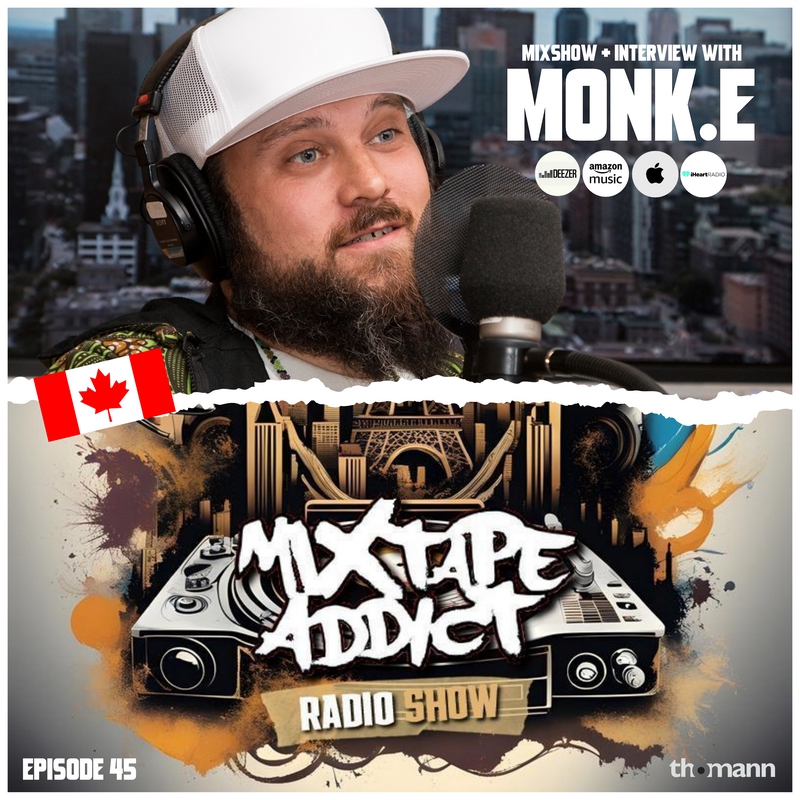 Canadian hip-hop rapper and artist Monk.E in the upper part of the picture looking at the presenter and speaking into a microphone during an interview wearing a baseball cap with a torn paper effect and small diagonal Canadian flag between him and th