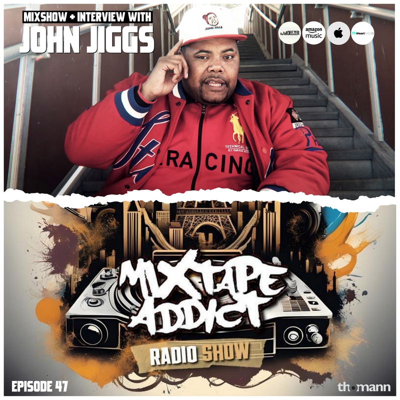 American hip-hop rapper and producer John Jigg$ (John Jiggs) in the upper part of the picture looking at the camera whilst sitting on some steps wearing a baseball cap with a torn paper effect between him and the lower part of the picture with DJ Kin