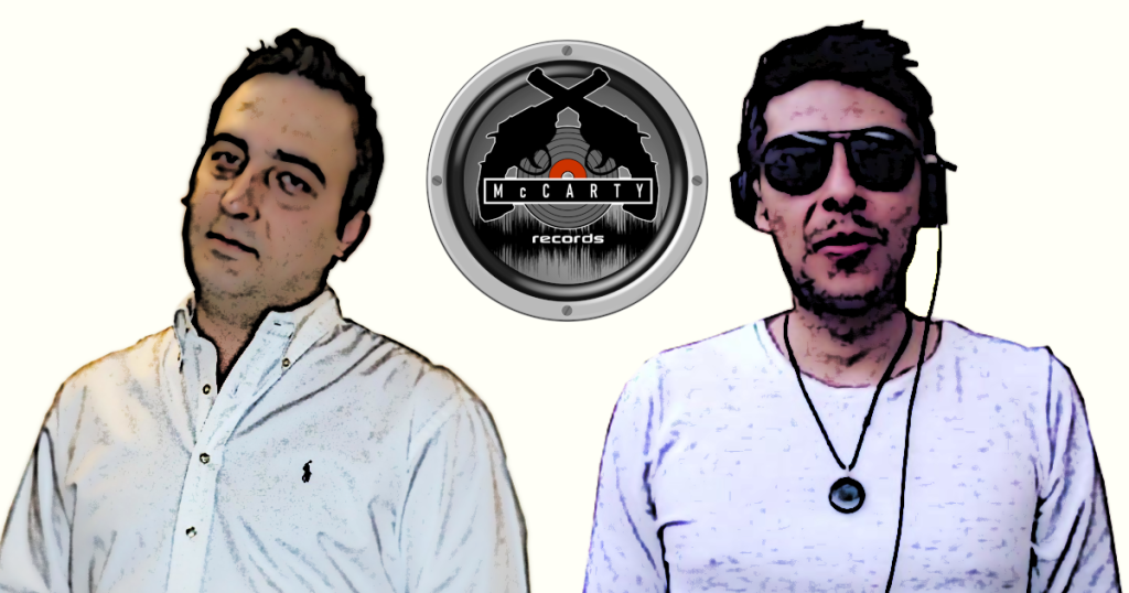 Promotional image for McCarty Shoot 4 featuring two DJs and producers against a black background, with the McCarty Records logo centred between them. The artist Bokard on the left wears a black Detroit Techno T-shirt and faces forward, while the arti