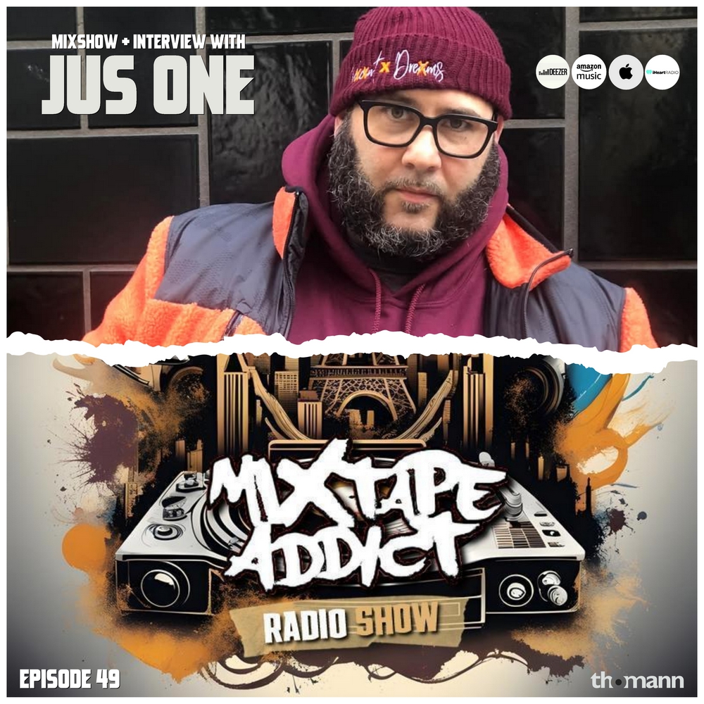 American hip-hop rapper Jus One in the upper part of the picture looking at the camera whilst wearing a hoodie and beanie hat with a torn paper effect between him and the lower part of the picture with DJ King Flows Mixtape Addict and sponsor logos,
