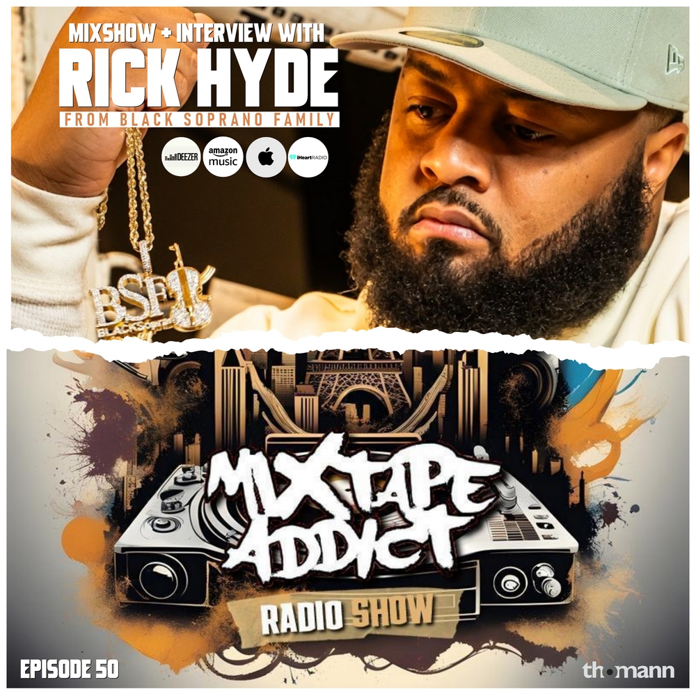 American hip-hop rapper Rick Hyde in the upper part of the picture looking to his right whilst holding a BSF goold chain with his right hand wearing a baseball cap with a torn paper effect between him and the lower part of the picture with DJ King Fl