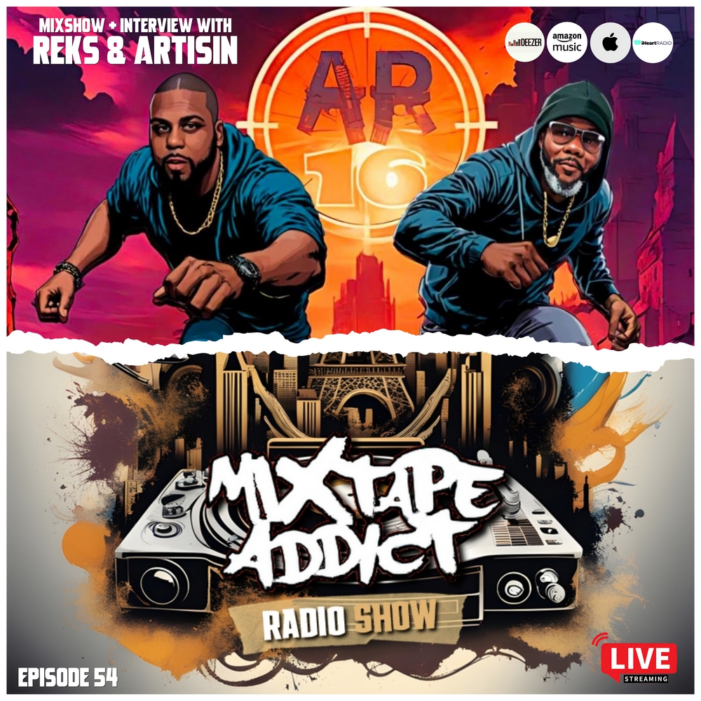 American rappers and producers REKS and Artisin (AR16) in the upper part of the picture in a cartoon picture taken from their latest release running towards the front with their AR16 logo between them with a torn paper effect between him and the lowe