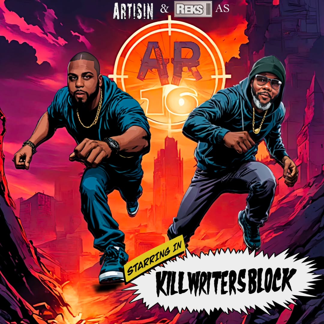 Artisan & REKS on their cartonnised Kill Writers Block E.P cover running towards the front with their AR16 logo between them, colour image.