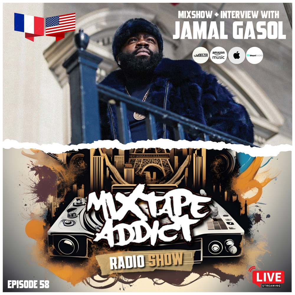 American rapper Jamal Gasol in the upper part of the picture wearing a fur coat and hat, looking forward and donning a beard with the picture taken slightly below him standing near a railing on some stairs with a torn paper effect between her and the