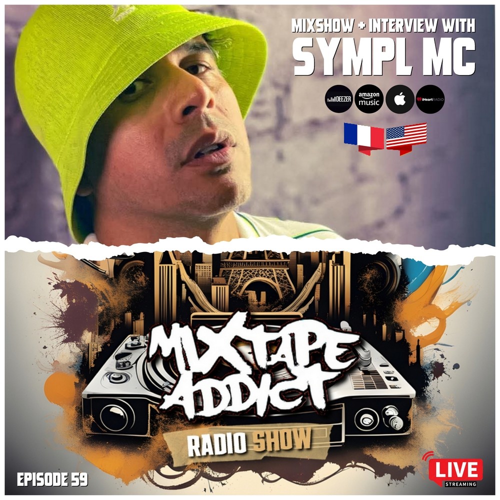 American rapper SympL in the upper part of the picture wearing a fluorescent yellowish green Kangol hat, looking slightly over his left shoulder at the camera with a torn paper effect between him and the lower part of the picture with DJ King Flows M