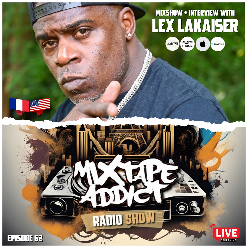 In the upper part of the picture, American rapper Lex Lakaiser is wearing a reverse baseball cap and a thick chain, he is looking over his left shoulder and pointing at the camera. The lower part of the picture features DJ King Flows, along with the