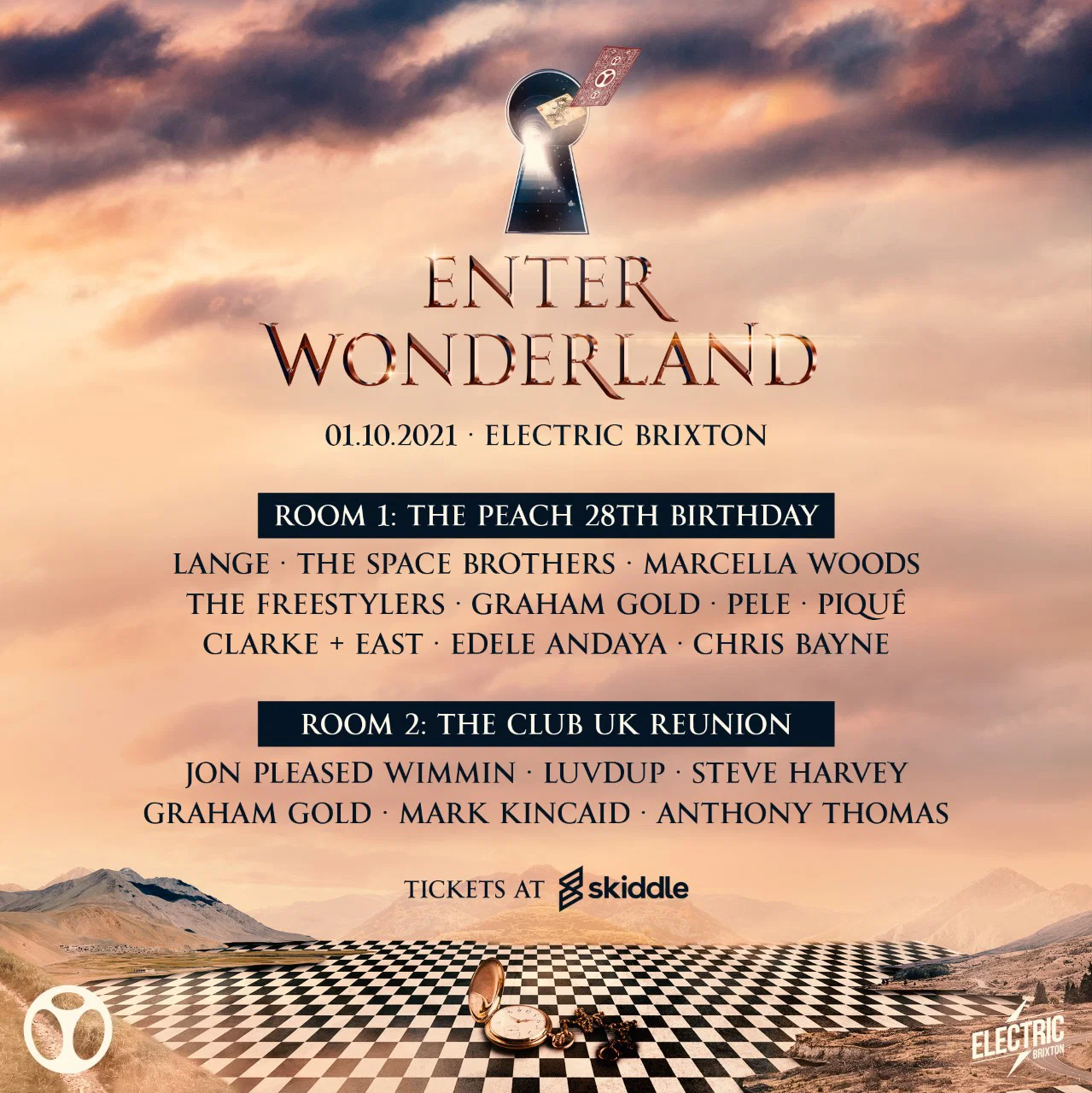 Event artwork for Enter Wonderland at Electric Brixton in London, featuring Graham Gold on the line-up for The Peach 28th Birthday and The Club UK Reunion.