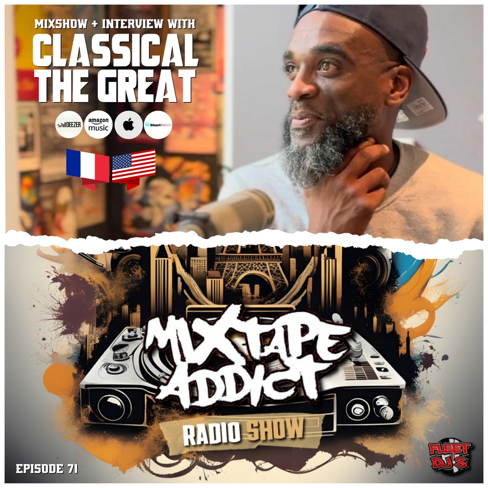 At the top of the image, American producer and rapper Classical The Great sits, holding his beard with his right hand, a microphone in front of him in a radio interview studio. He's dressed casually in a T-shirt and a backward-facing baseball cap. Th