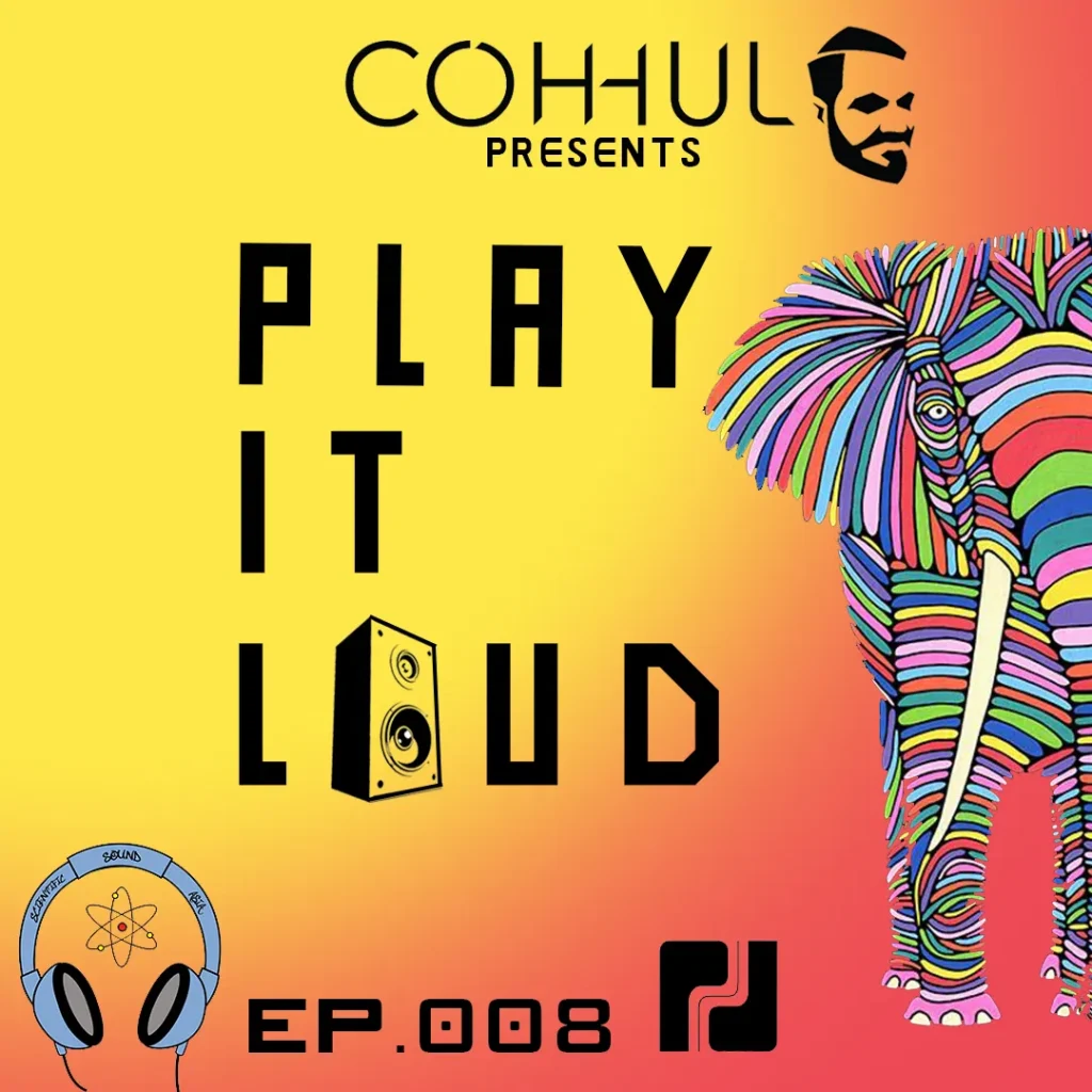 Irish DJ and producer Coh-huls Play It Load episode 8 cover featuring a cartoon image of a elephant and our and his logos on a orange, and yellow background.