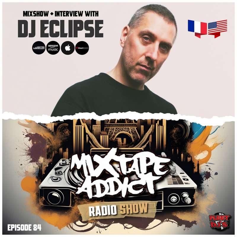 At the top of the image, American DJ DJ Eclipse stares at the camera with a serious look, his right shoulder angled forward and head tilted to the left, wearing a black T-shirt. Below, DJ King Flow’s logo appears alongside the Mixtape Addict and spon