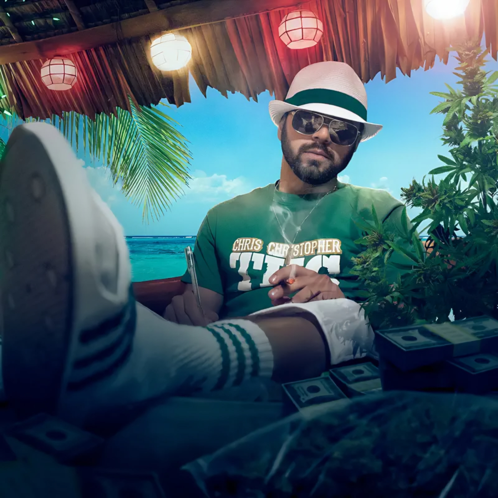 Chris Christopher sitting at a tropical beach hut wearing a white hat and sunglasses, relaxed with one foot up while smoking and writing in a notebook, surrounded by cash and plants with the ocean in the background.