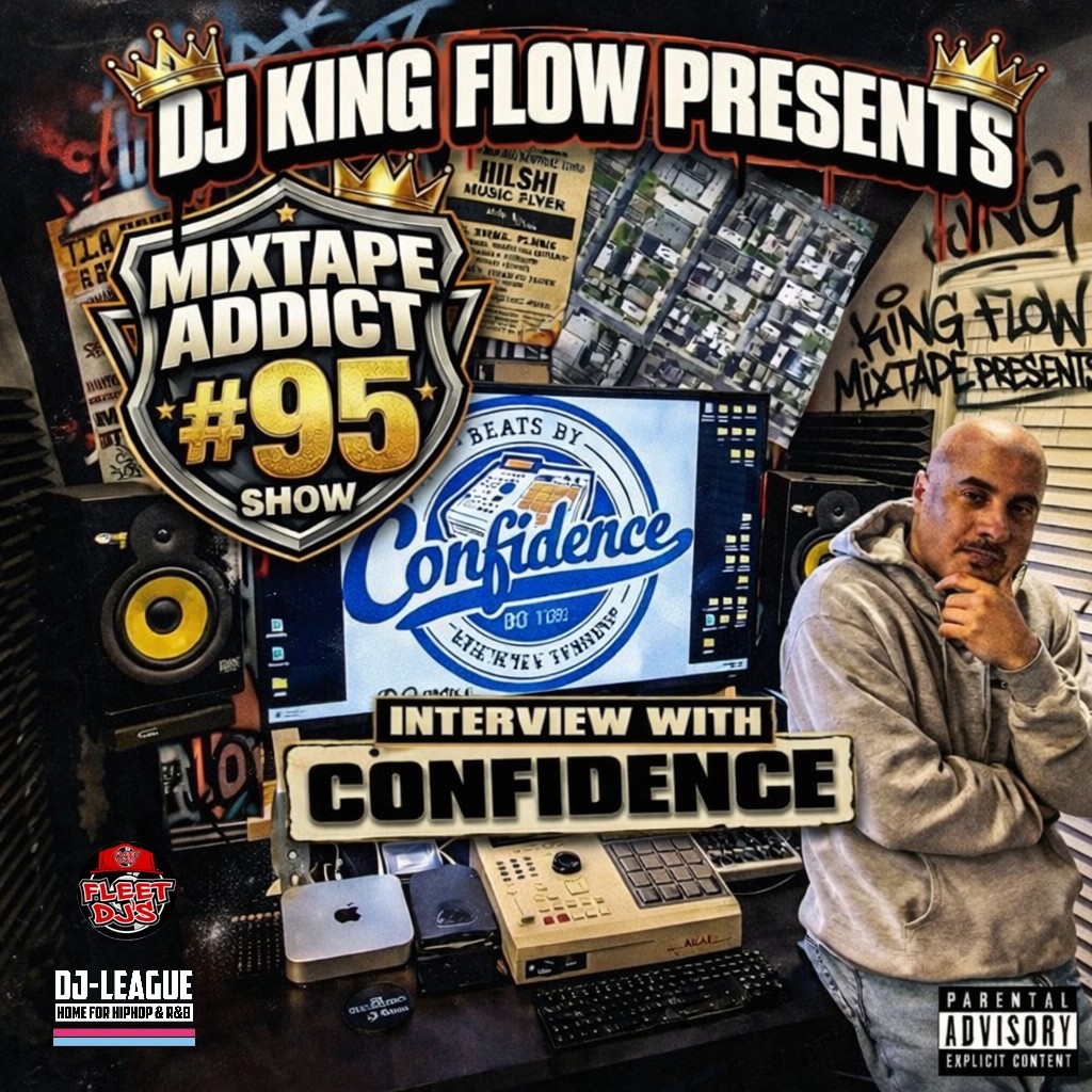 Portrait of Confidence, hip hop producer and artist from Boston, Massachusetts, featured on DJ King Flow’s Mixtape Addict show 95, standing in a studio setting with equipment and text graphics visible.