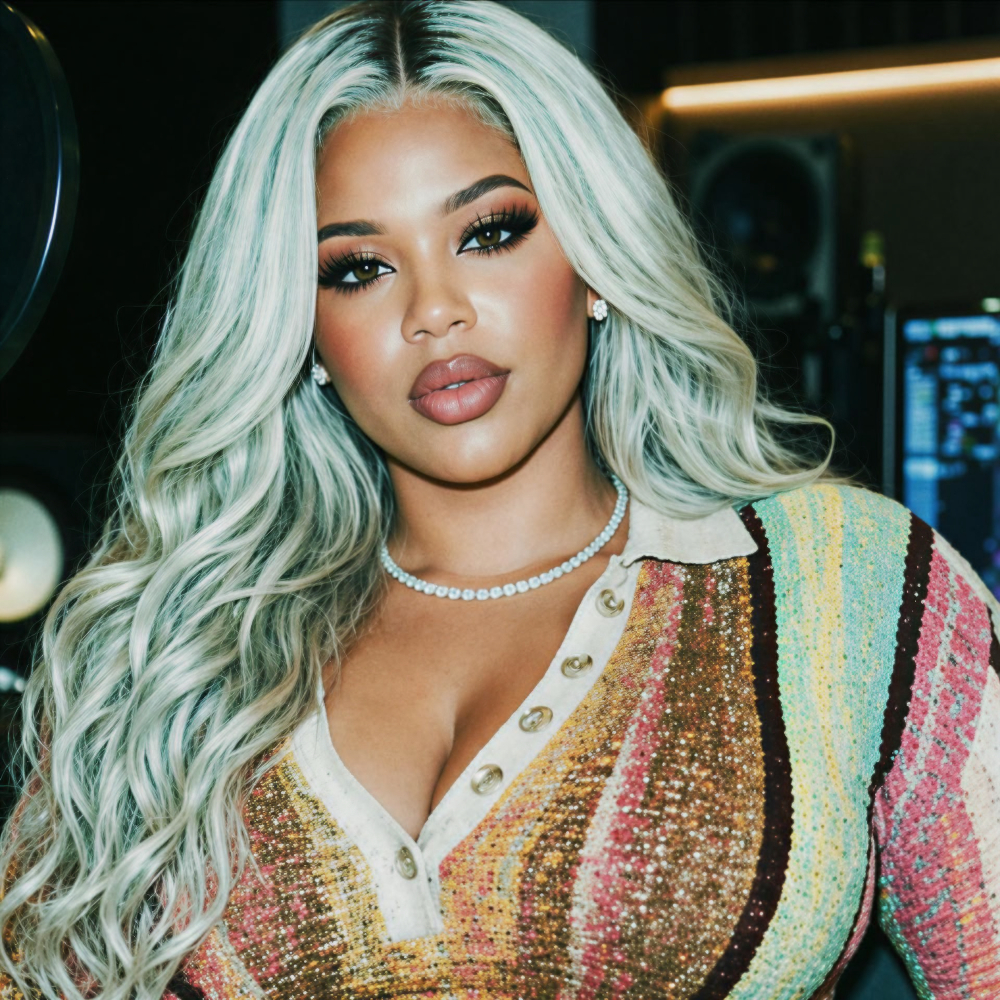 Portrait of underground hip hop artist Indigo Phoenyx in a recording studio wearing a multicoloured knit top, pearl necklace and platinum blonde hair.