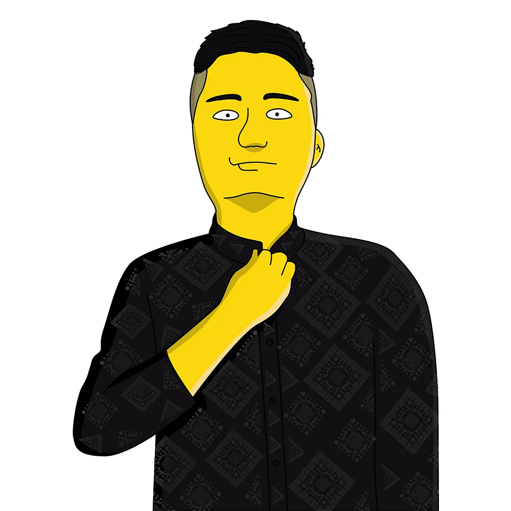 Cartoon Image of Canadian DJ DARØ holding his shirt, colour image.