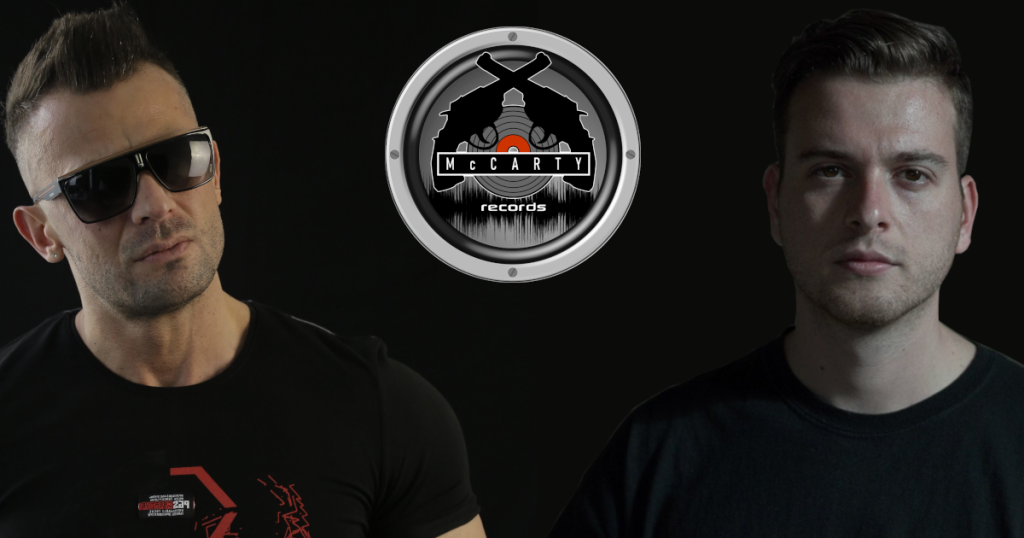 Turkish DJ Fatih Şipka and Greek DJ Toquito standing next to the McCarty Records Logo, colour image on black background.