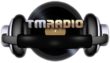 TM Radio logo with a pauir of headphones over a vinyl record, colour image.