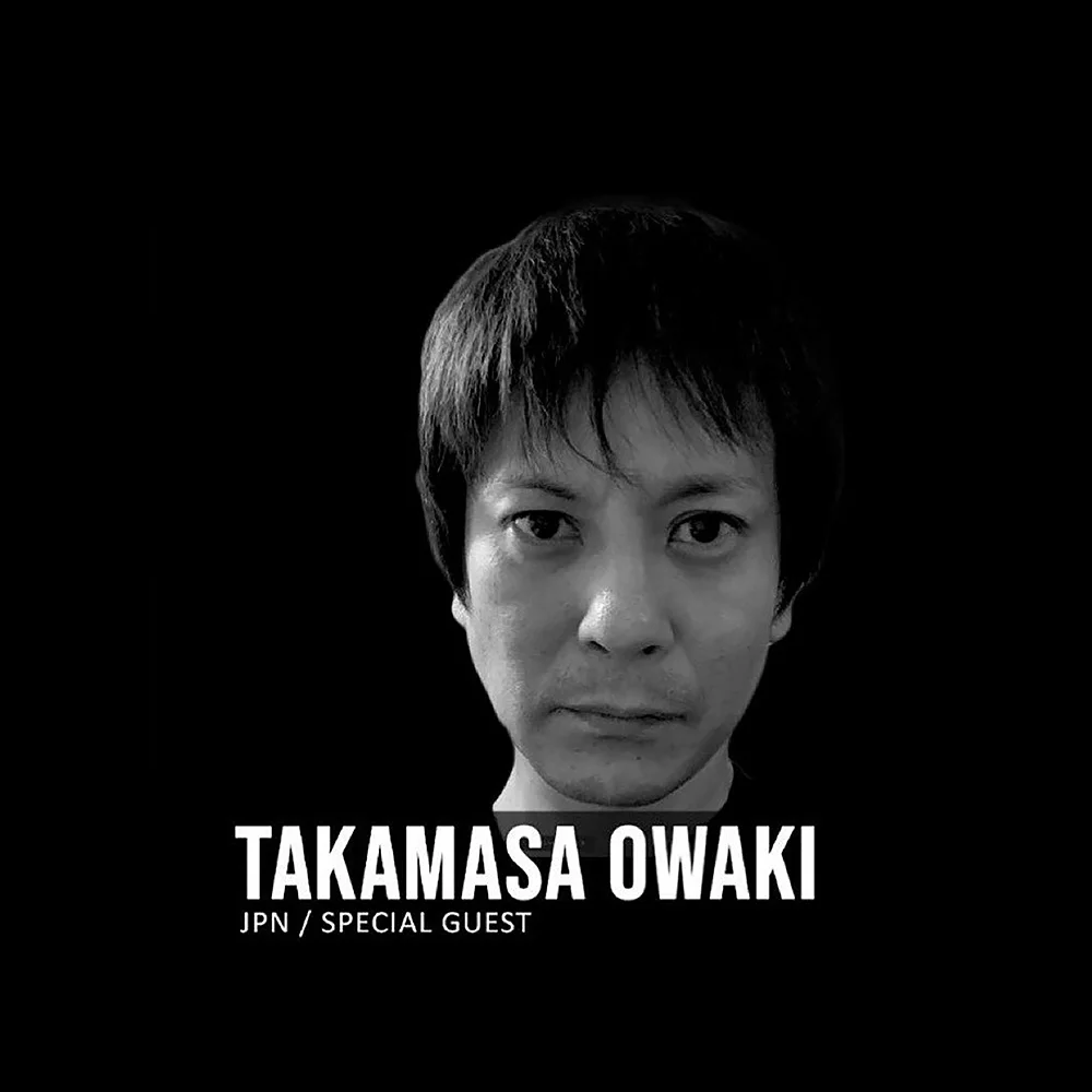 Headshot of Japanese DJ and Producer Takamasa Owaki, black and white image with his name under his face.