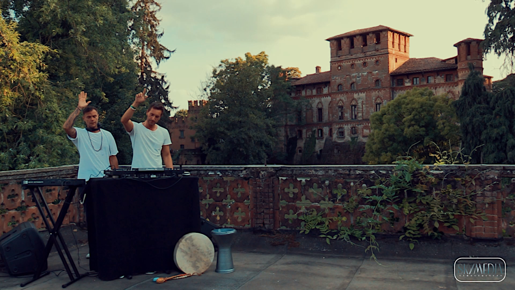 Italian production duo Andrea Mirgone and Inve performimng at an event in Piovera Castle, Piedmont, Italy, colour image.