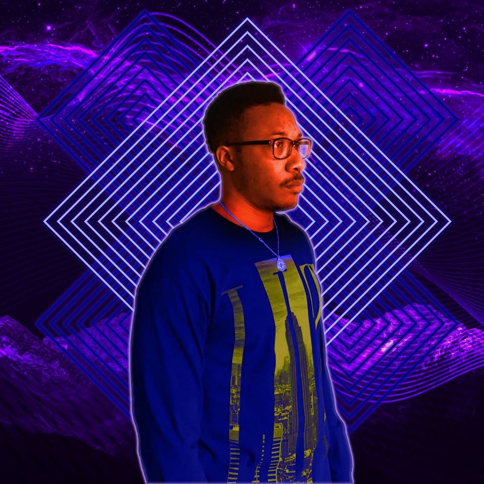 American DJ and producer Gerard stading in front of space image with squares facing left, colour image..