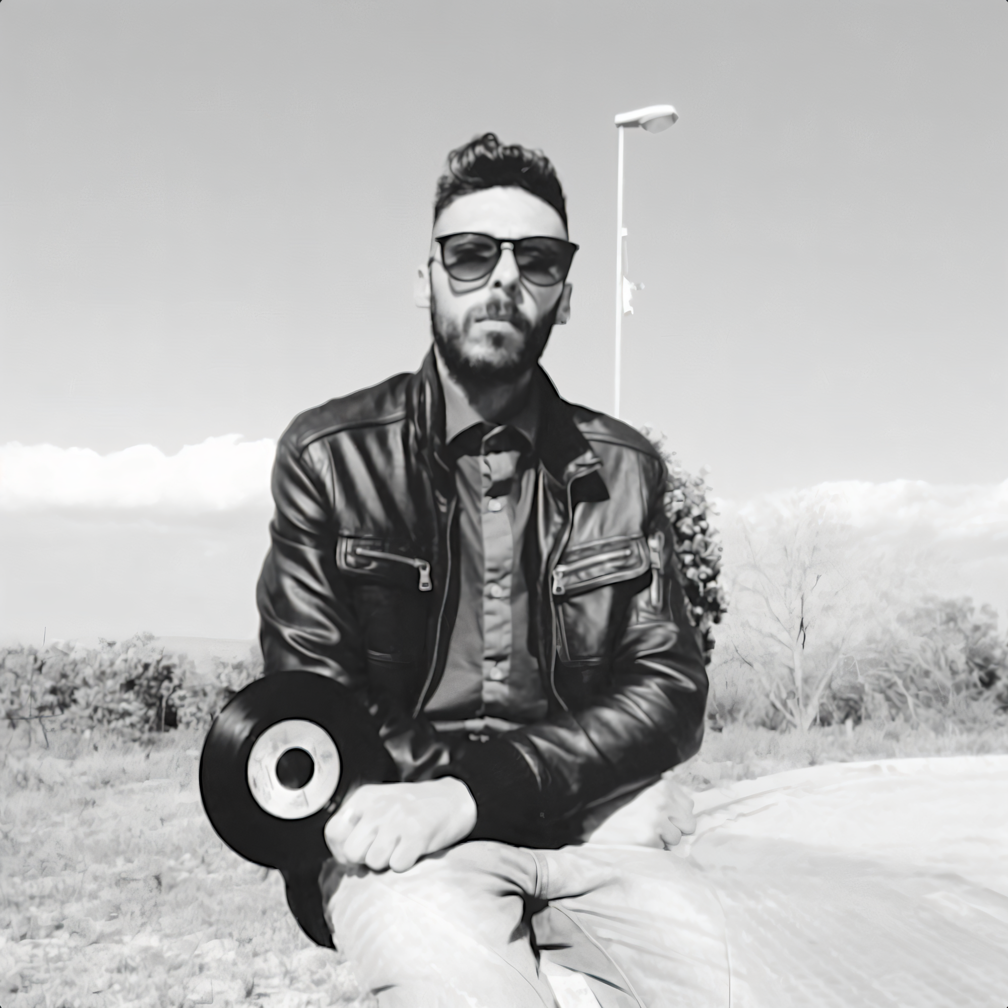 Italian DJ and producer Lem (IT) sitting at the side of a road with a vinyl record in his left hand, resting on his right thigh, wearing sunglasses and a leather jacket, black and white image.
