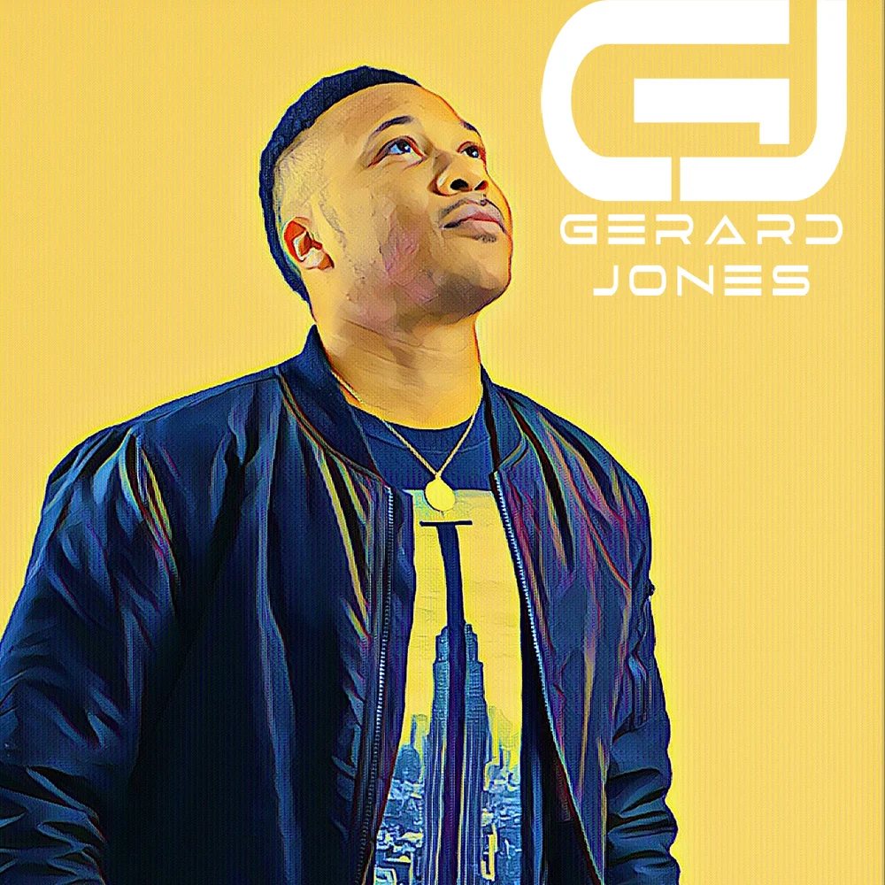 American DJ and producer Gerard in Cartoon poicture of himself looking up with his logo in upper right, colour image.