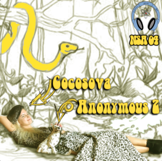 Russian DJ cocosova lying on ground with Anonymous Z depicted as her dog with a snake lurking in a tree in a depiction of the garden of Eden, with real photos over cartoon image, colour image.