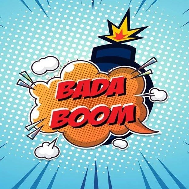 Badaboom logo featuring a caroon image of a bomb exploding with the words 'Bada Boom' in the explosion, colour image.