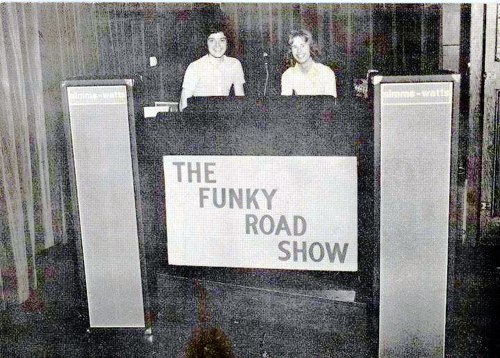 The Funky Road show Founders Duncan Uren and Graham Gold behind their console performing in the later seventies, vintage Black and White photo.