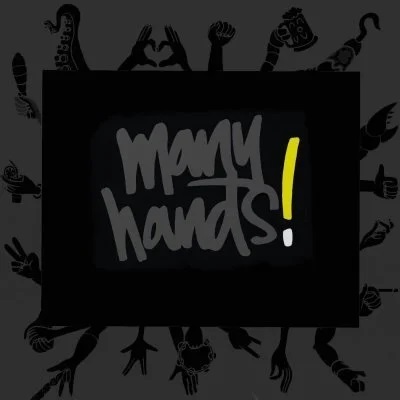 Berlin DJ Duo Many Hands black lives matter logo, in black and grey with yellow explanation mark.
