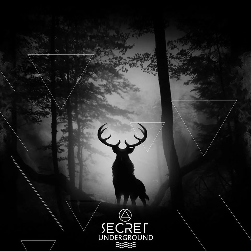 Secret Underground logo featuring a Male Deer in a dark forest and the logo and writing beneath the creature.