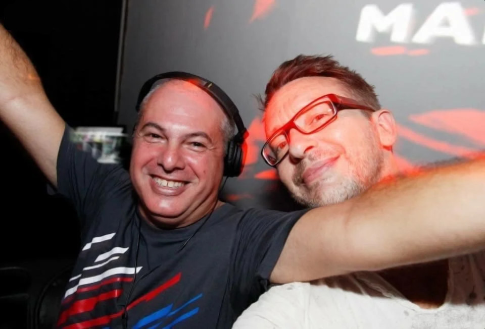 Italian DJ and Producer Marco Mei with promoter Cedric Herbaut in Bali, Indonesia, colour image.