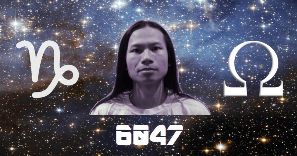 American DJ and Producer 6047 upper boday against space background with Capricorn and Omega symbols and his logo, colour background and black and white image of him.