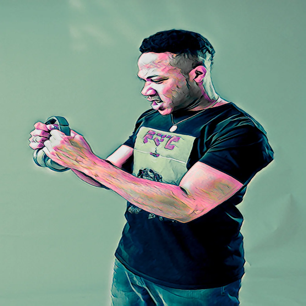American DJ and producer DJ Gerard Jones breaking a pairr of headphones with an angry look in cartoon image, colour image.