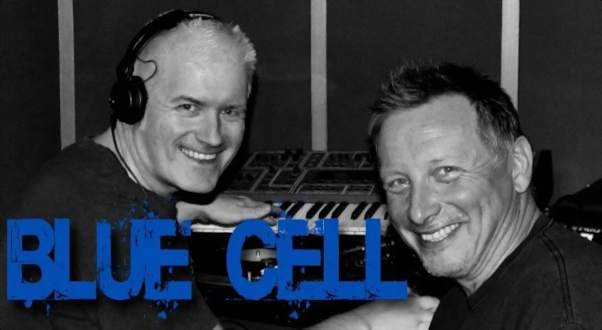 German production and DJ duo Blue Cell in the studio, black and white image with blue writing for their logo.