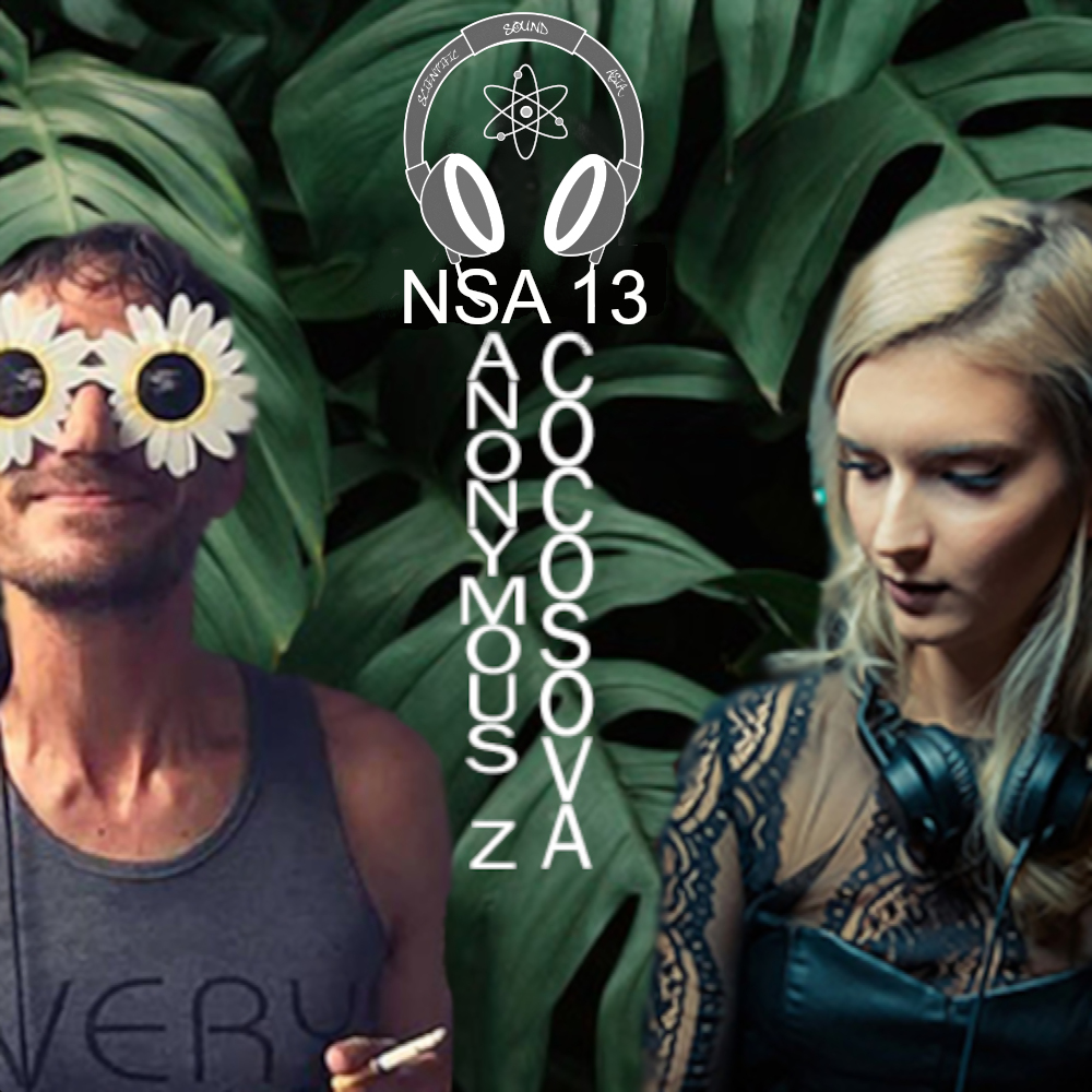 French DJ Anonymous Z and Russain DJ Cocosova standing side by side in front of some leaves with our logo and Not So Anonymous logo, colour image.