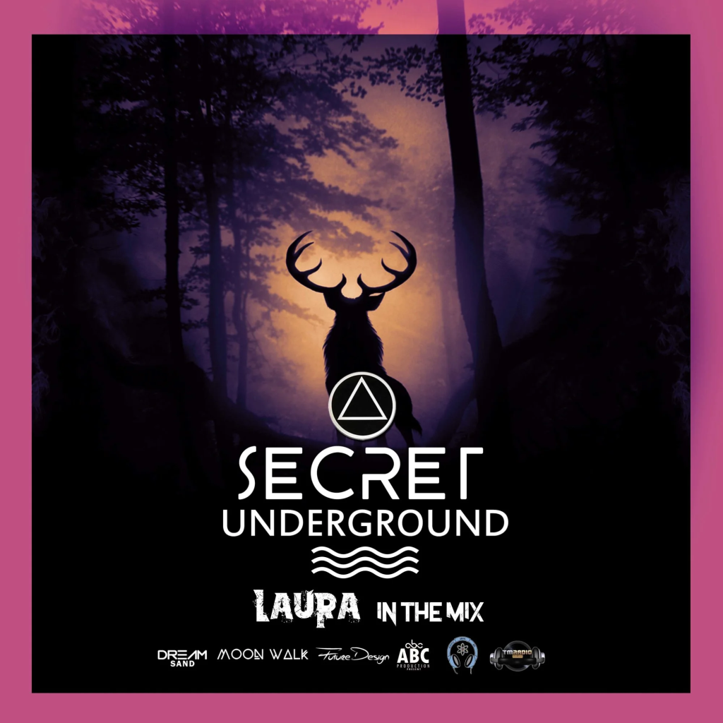 Secret Underground logo featuring a male deer standing in a forest and logos underneath, colour image.