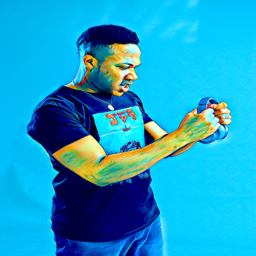 American DJ and producer Gerard in cartoon image with headphones in his hands, colour image.