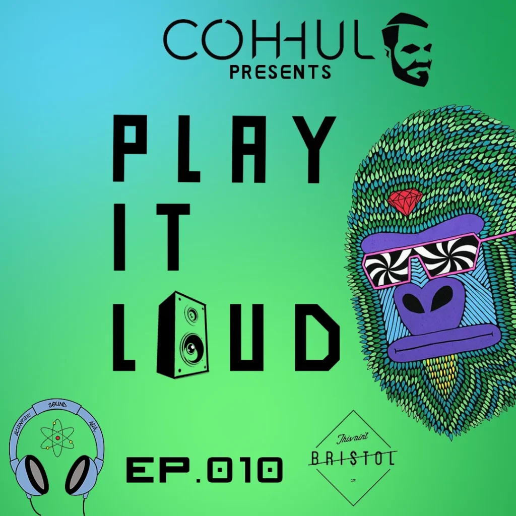 Coh-hul Presents Play It Loud Episode 10 show artwork for Scientific Sound Asia, featuring a colourful gorilla illustration with pink sunglasses on a green gradient background.