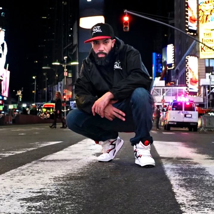 American producer, label owner, and DJ Deadeye crouches on a street crosswalk, dressed in sneakers, jeans, a jacket, and a baseball cap, staring directly into the camera. The image is vibrant and full of color.
