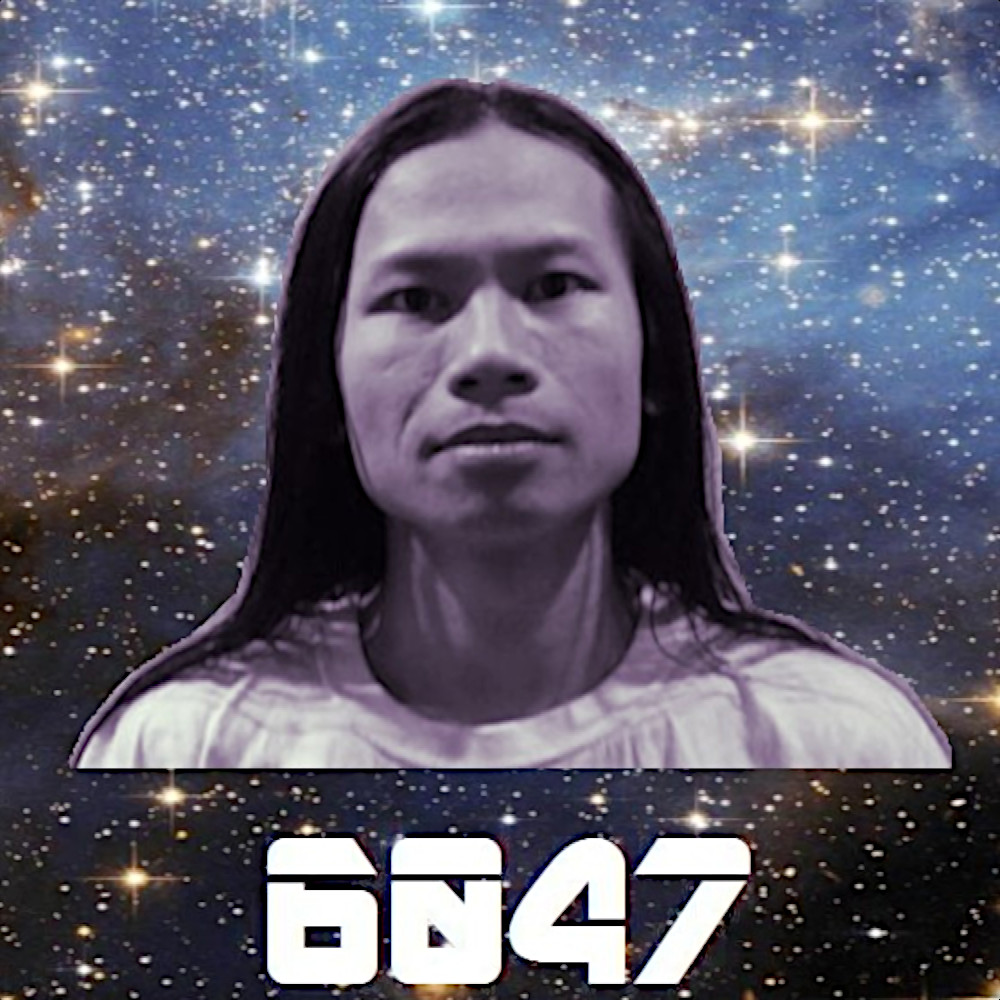 American-Vietnamese DJ and producer 6047 in space with his profile picture and logo, colour and black and white image.