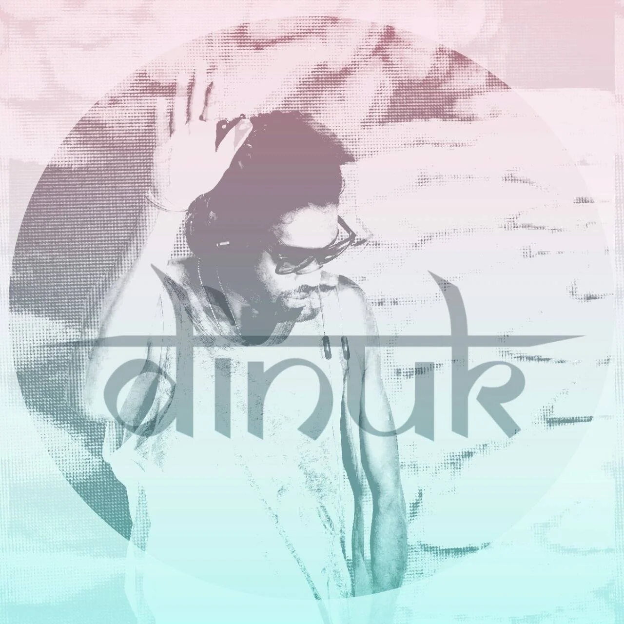 Sri Lankan DJ Dinuk wearing sunglasses and holding up his right hand whilst performing, behind his logo and black and white tinted image in light purple and blue.