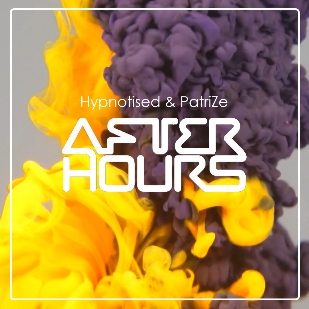 AH Digital Records After Hours Logo featuring host DJ names Hypnotised & PatriZe underneath their logo, on a yellow and grey smoky background.