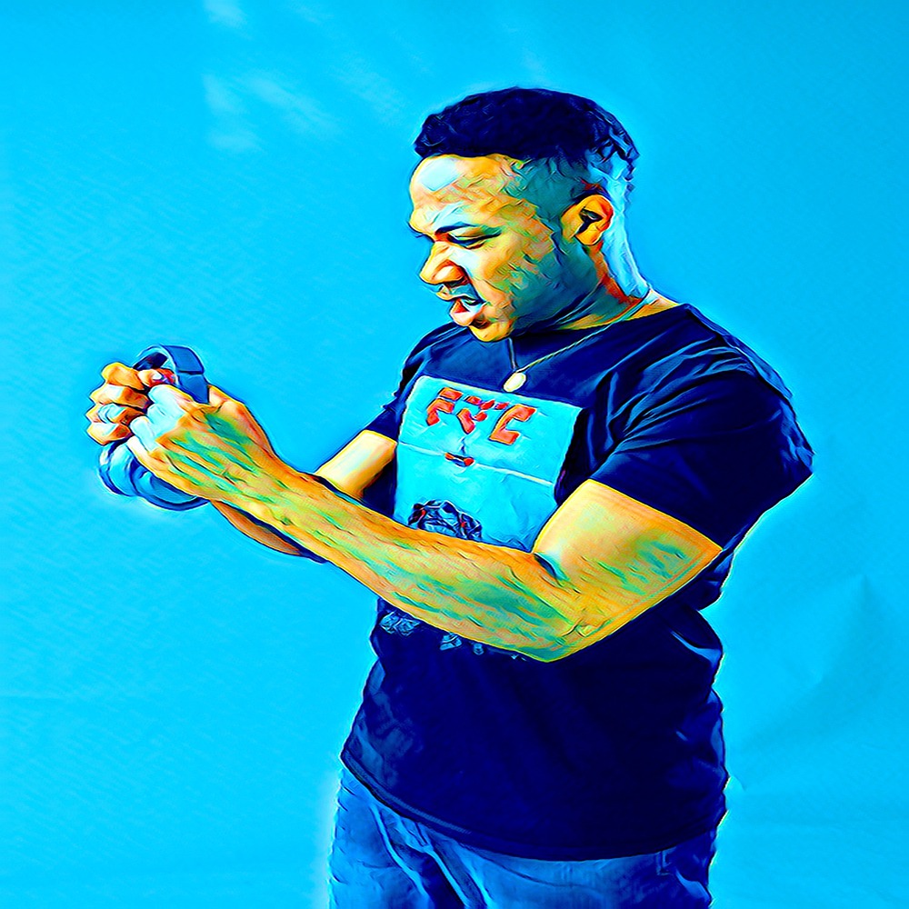 American DJ and producer Gerard Jones in cartoon image with him holding his headphones angrily, colour image.