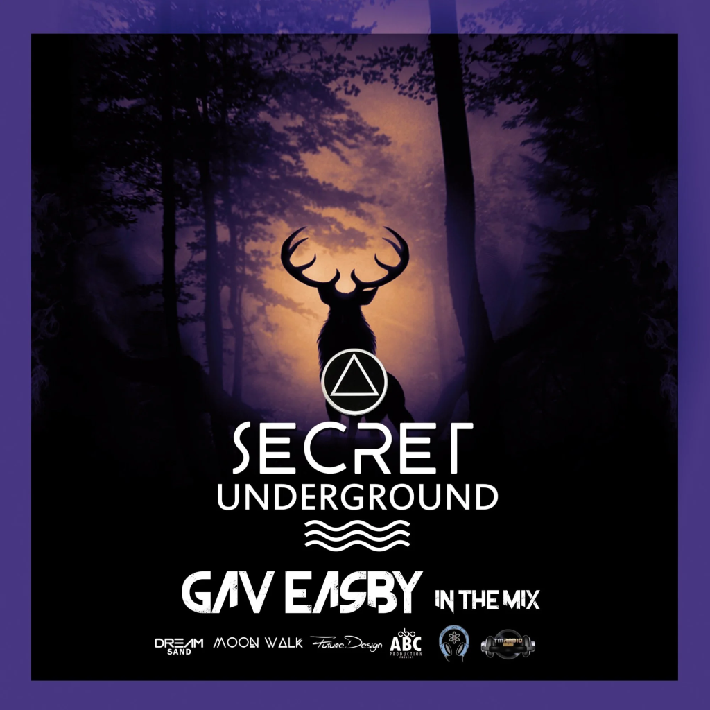 Secret Underground and Gav Easby logo set against a background featuring a male deer standing in a forest with dusk lighting behind, in a color image.