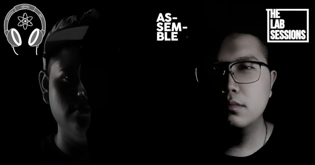 Promotional social share graphic for 'The Lab Sessions: Assemble' featuring DJ Jizz and DJ ToshShen, bold white 'ASSEMBLE' kogo in the center, and logos for 'Scientific Sound Asia' and 'The Lab Sessions' in the corners.