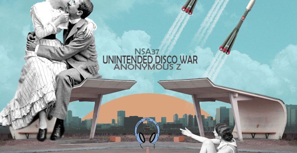 Not so anoymous 37 cover pictyures featuring a man and a woman kissing whilst sitting on the roof of a building and a woman sitting on the ground hailing some nuclear missiles being fired, with his and our logos on a blkue background with clouds and