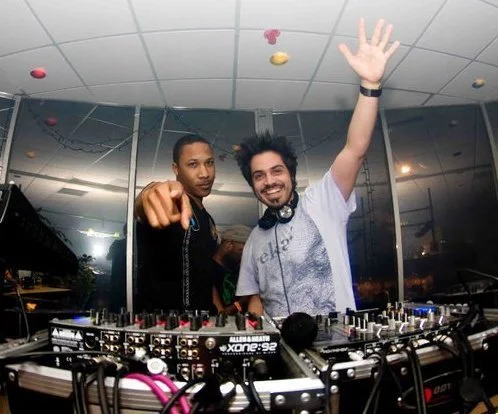 American Djs and Producers Gerard and Jose Norat (DeviceRATT) performing at an ebent in Florida on Pioneer and Rane DJ Equipment, colour image.
