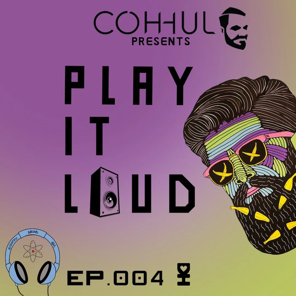 British DJ and Producer Coh-hul Play It Loud 04 Logo featuring logos from Coh-hul, scientific Sound Asia, and Desert Hearts Records on a purple and yellow background with cartoon head on right side.