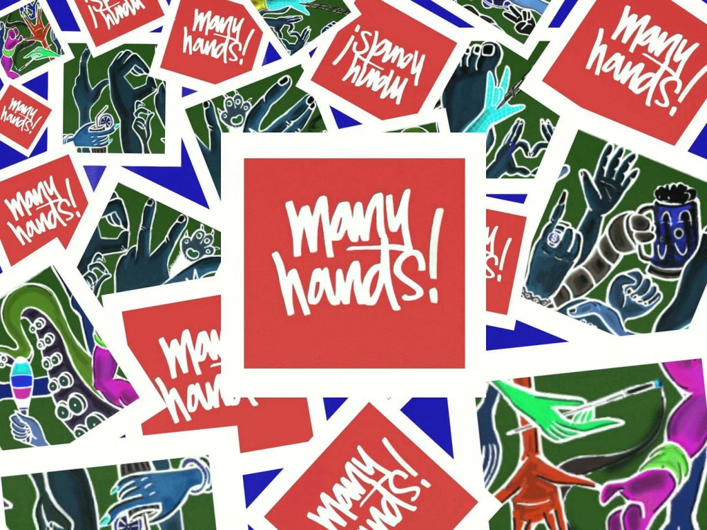 Berlin DJ Duo Many Hands logu featuring a Muilti coloured assortment of text logo and hands rotating around main logo.